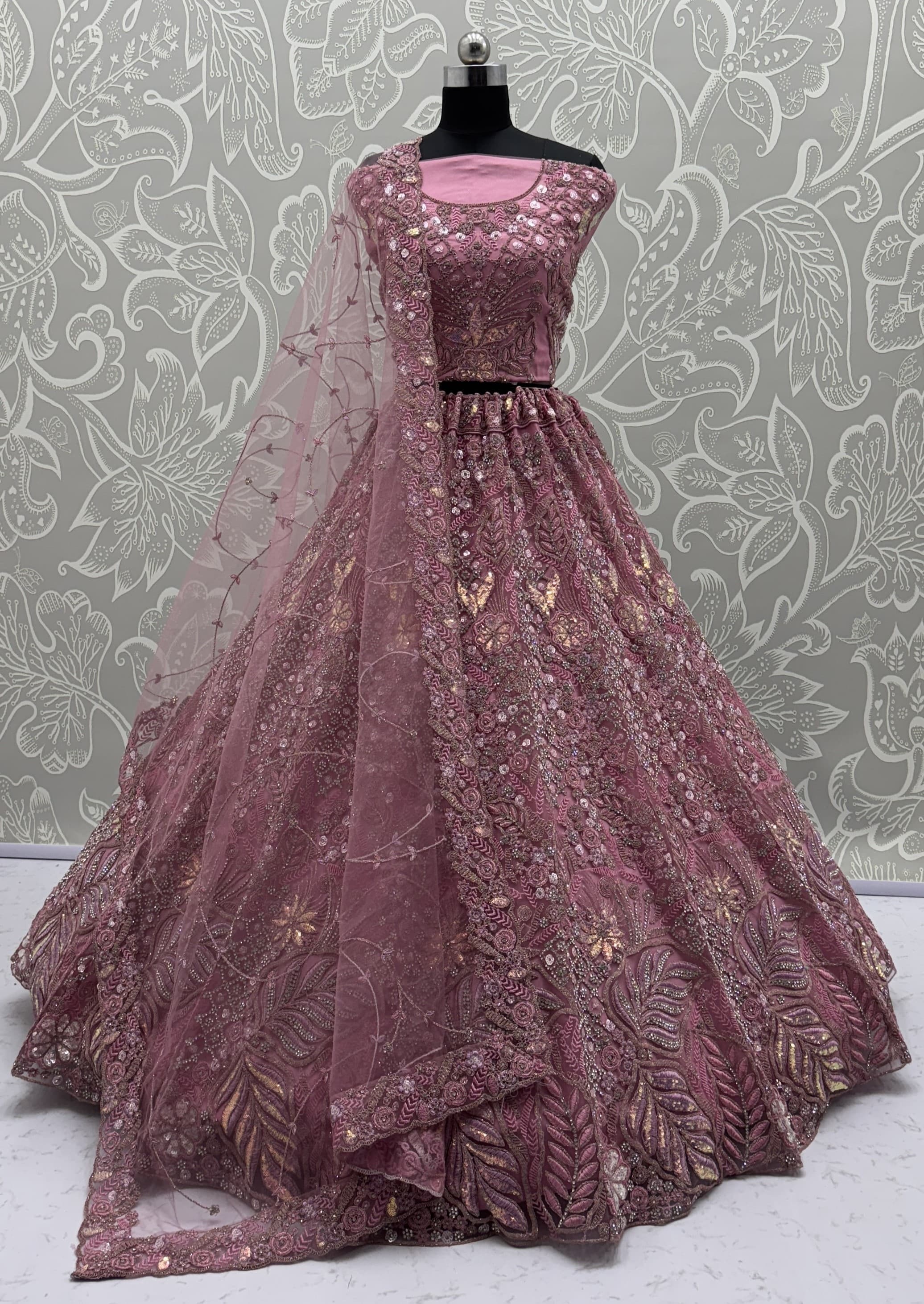 Pink Net A - Line Lehenga Choli with Diamond, Dori, Embroidered, Fancy, Multi, Sequins, Thread and Zircon Work